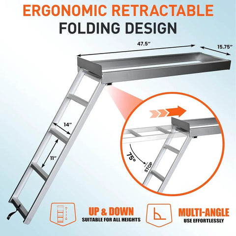 Heavy Duty Aluminum Pontoon Boat Ladder With 4 Steps, Undermounted Design, Non Slip Treads, Marine Grade Build For Saltwater Use, Rust Proof And Durable, Easy Mount Dock Access For Quick, Safe Boarding, folding ladder shown with 47.5 in frame