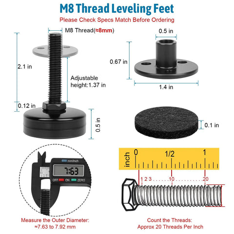 Heavy Duty Furniture Leveling Feet M8 Thread With T Nut Kit Adjustable Levelers For Table Desk Cabinet Chair And Sofa Large Base Supports Up To 1320 Lbs 4 Pack, showing M8 thread dimensions and components.