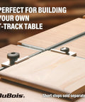 Close-up of 2x4 Ft T Track Table Kit With 32 Six Inch Universal Tracks, Intersections, And 2 Hold Down Clamps on wooden surface