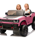 Licensed 24V Kids Ride On Truck Two Seater With Parent Remote Control Three Speed Modes Bluetooth Music LED Headlights Realistic Electric Truck For Ages 3 To 8 Kid Approved pink model with children seated