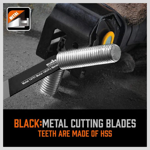 Front view of HORUSDY 40-piece reciprocating saw blade set for wood and metal with HSS teeth and storage pouch
