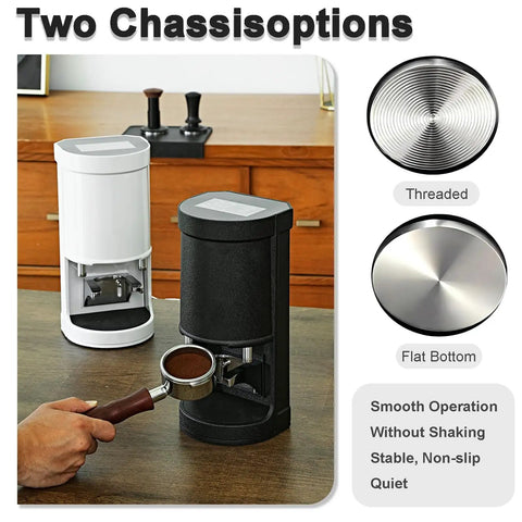 Commercial Automatic Coffee Tamper For Bustling Cafes Featuring Adjustable Pressure Dial, black and white chassis options, smooth operation.