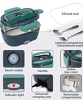 Electric Lunch Box Food Heater On The Go Car And Truck Warmer, 80W, 12V 24V 110V Power, 304 Stainless Steel, green, features diagram