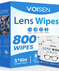 VOISEN Lens Wipes box front view; 800 wipes, blue-white packaging, individually wrapped lens wipes