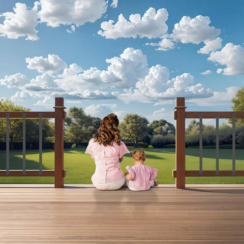 Mother and child sitting on deck with 25 Pack Deck Balusters With End Caps And Screws 32.25 Inch Rectangle Stair Railing Spindles Kit
