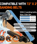 Heavy Duty Belt Grinder Sander With Badass 1500 Watt Variable Speed Metal Polishing Machine showing 72 inch sanding belt compatibility.