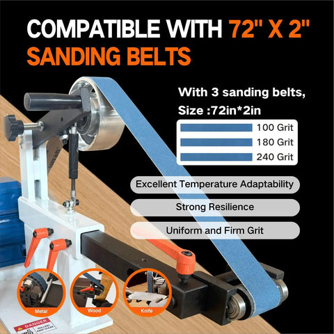 Heavy Duty Belt Grinder Sander With Badass 1500 Watt Variable Speed Metal Polishing Machine showing 72 inch sanding belt compatibility.