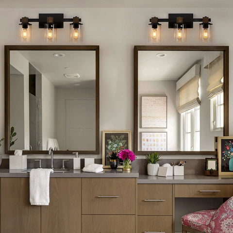 3 Light Rustic Wood Vanity Light With Clear Glass Shades Modern Black Farmhouse Bathroom Over Mirror Fixture installed