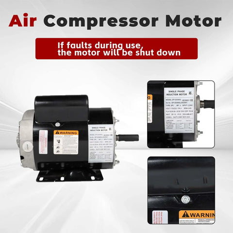 3HP Dual Voltage Air Compressor Electric Motor 115/230V 56 Frame with safety labels and warning signs