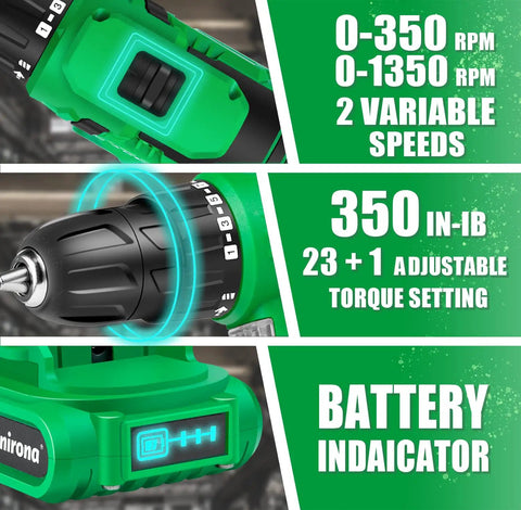 20V Cordless Drill Set with Battery and Charger showing variable speeds, torque settings, and battery indicator