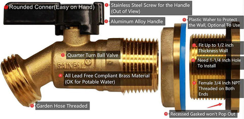 Brass Rain Barrel Spigot Three Quarter Inch Ball Valve With Bulkhead Fitting And Thread Tape Lead Free Made In USA