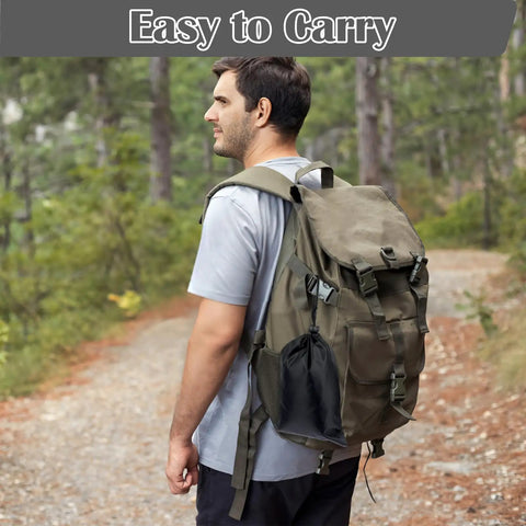 Hiker with backpack carrying Waterproof Tent Footprint Ground Cloth Tarp 87 By 59 Inches Ultralight Floor Mat in forest