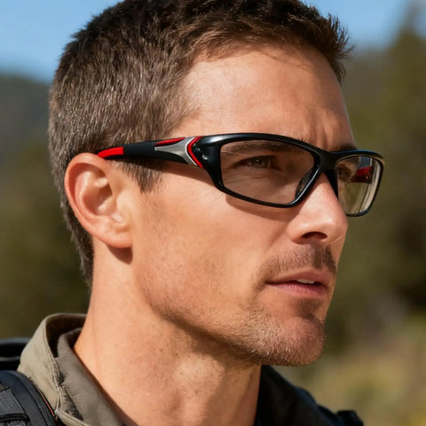 Man wearing Full Lens Readers Wrap Around Sport Magnifying Safety Glasses With Photochromic Lenses For Men Black Blue Frame 1.5 Diopter