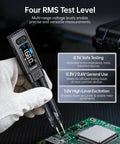 All In One SMD LCR ESR Meter With Tweezer Probes Auto Sort and Compare in use on circuit board, showing four RMS test levels