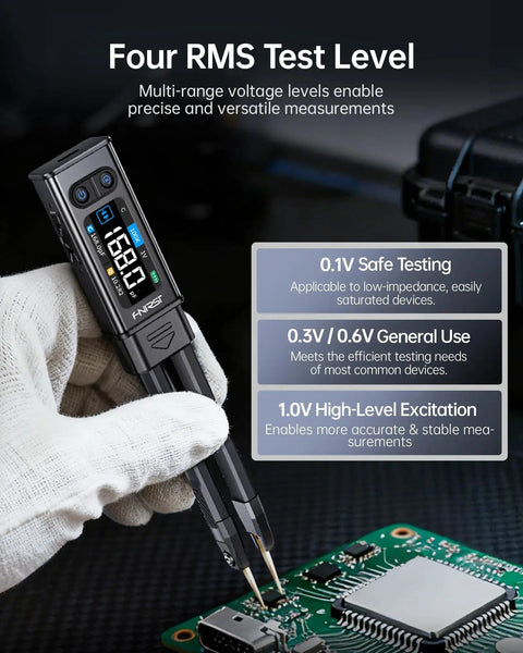 All In One SMD LCR ESR Meter With Tweezer Probes Auto Sort and Compare in use on circuit board, showing four RMS test levels