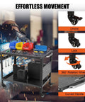Hella Sturdy Rolling Steel Welding Table 36 By 24 Inches With Heavy Duty Casters features tools and storage bins on top, showcasing effortless movement.