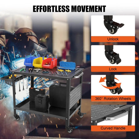 Hella Sturdy Rolling Steel Welding Table 36 By 24 Inches With Heavy Duty Casters features tools and storage bins on top, showcasing effortless movement.