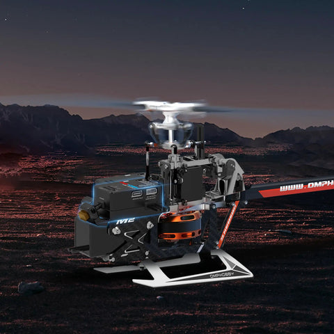 Ready To Fly Pro Grade RC Helicopter With Dual Brushless Motors Direct Drive shown in outdoor night flight setting