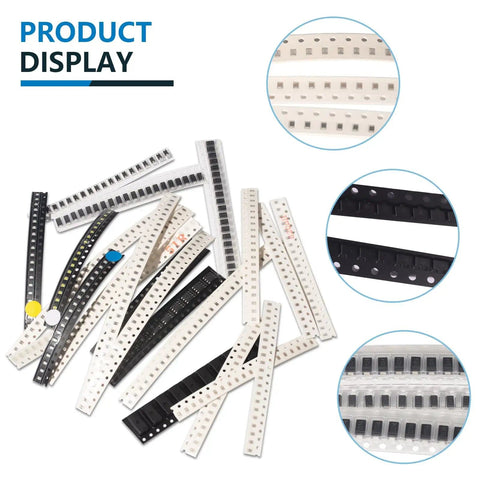 Assortment of labeled strips from 6390-Piece SMD 0805 Resistors Capacitors LEDs Diodes ICs Transistors Inductors SMT All-in-One Assortment Kit