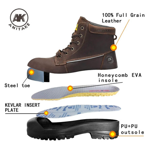 Rugged 6 Inch Steel Toe Work Boots For Men With Oiled Crazy Horse Leather Construction components and layers shown