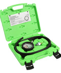 Exhaust Back Pressure Tester And Gauge Kit With Oxygen Sensor Adapters in green case with 6 ft hose and adapters.