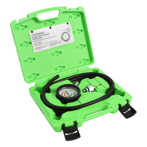 Exhaust Back Pressure Tester And Gauge Kit With Oxygen Sensor Adapters in green case with 6 ft hose and adapters.