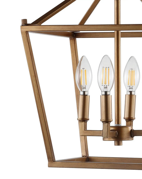Close-up of antique gold 4 light pendant ceiling fixture with caged lantern design and LED bulbs for dining room.