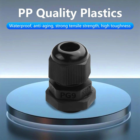 Waterproof Adjustable Cable Gland Set PG9 4 To 8mm Connectors With Gaskets 10 Pcs shown in black plastic on display