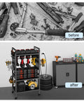 Before and after of Power Tool Organizer Cart With Built In Charging Station And Eight Outlet Power Strip Four Tier Rolling Garage Tool Cart Heavy Duty Floor Standing Storage Rack Supports Up To 500 Lb Includes Drill Holder And Pegboard Hooks Built For Tough Jobs showcasing organized garage tools.