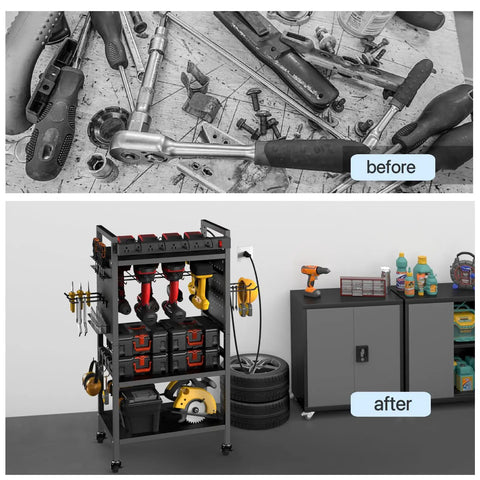 Before and after of Power Tool Organizer Cart With Built In Charging Station And Eight Outlet Power Strip Four Tier Rolling Garage Tool Cart Heavy Duty Floor Standing Storage Rack Supports Up To 500 Lb Includes Drill Holder And Pegboard Hooks Built For Tough Jobs showcasing organized garage tools.