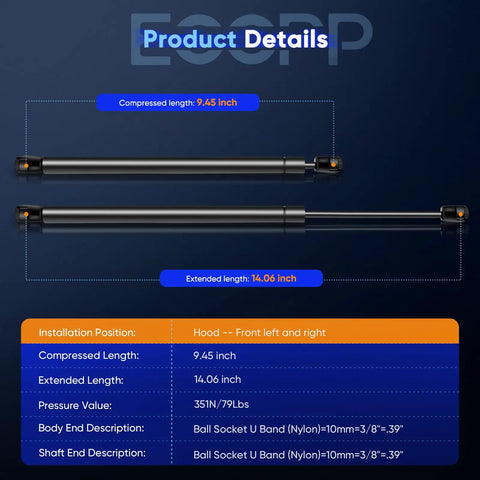 Rugged Heavy Duty Hood Lift Supports For Acura TL 2004 To 2008 Gas Struts Shock Springs Pair with 9.45 in compressed length.