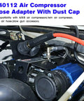 Top Shelf Air Compressor Hose Adapter With Slick Dust Cover And Rock Solid A R B Quick Connect Coupling For Universal On Board Systems, installed on air compressor with dust cap.