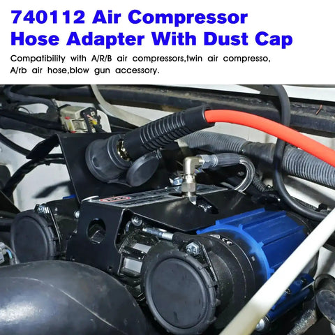 Top Shelf Air Compressor Hose Adapter With Slick Dust Cover And Rock Solid A R B Quick Connect Coupling For Universal On Board Systems, installed on air compressor with dust cap.
