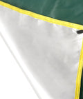 Close-up of the Portable Outdoor Survival Head Cover for Camping Shelter canopy showing the silver and green Oxford cloth with yellow stitching.