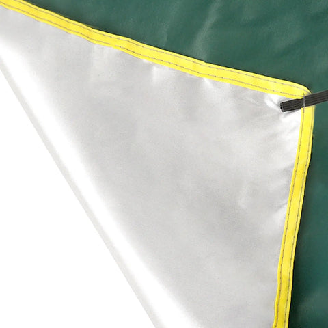 Close-up of the Portable Outdoor Survival Head Cover for Camping Shelter canopy showing the silver and green Oxford cloth with yellow stitching.