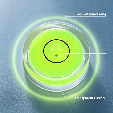 4Pcs Small Circular Bubble Levels, Double Sided Adhesive Bottom Mini with black reference ring and transparent casing detail