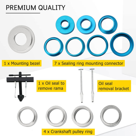 Pro Grade Crankshaft Seal Tool Set For Removal And Installation With Camshaft Oil Seal Puller Kit, Premium Aluminum Adapters, Easy Pull And Press, 8-20mm Bolt Adapter, 28-64mm Sealing Adapter, 10-27mm Gasket, Rust Resistant