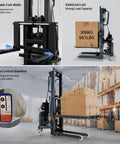 CNFKF Electric Pallet Stacker With Telescopic Fork lifting boxes in a warehouse, showcasing adjustable forks and remote operation.