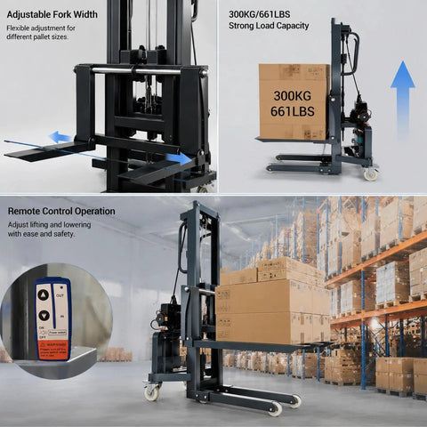 CNFKF Electric Pallet Stacker With Telescopic Fork lifting boxes in a warehouse, showcasing adjustable forks and remote operation.