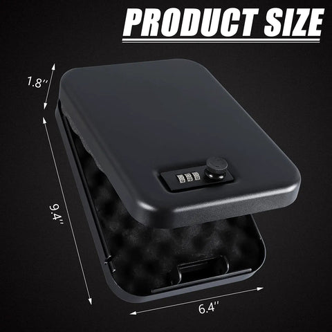Portable Pistol Safe With Combination Lock For Nightstand Travel Home Car Truck, compact gun lock box dimensions shown