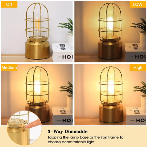 Industrial 3-Way Dimmable Desk Lamp With USB Ports, touch control, showing off, medium, high brightness levels and off, night light option