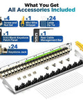 Image of included accessories for 24 Port 1U Shielded Cat7 Patch Panel With 10G Inline Coupler, showcasing screws, zip ties, and cable management bar.