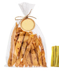 Heckin Great Cellophane Treat Bags 7 X 14 Inches With Gold Twist Ties 100 Pack containing cookies in sturdy opp material.