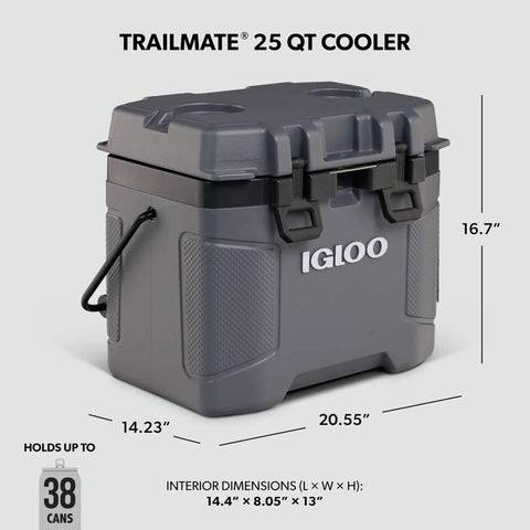Top Shelf 25 Quart Insulated Cooler With Thick Foam Walls And Cool Riser Tech So Your Drinks Stay Frosty During Any Backyard Hangout Locking Lid And Heavy Gasket Make This Rig An Absolute Road Trip Staple Made In Usa Carbonite, gray cooler with handle and lid dimensions.