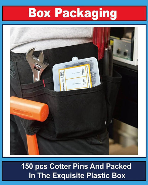 Person wearing tool belt with 150 Piece Cotter Pin Assortment Kit With 304 Stainless Steel Pins In 5 Sizes in pocket