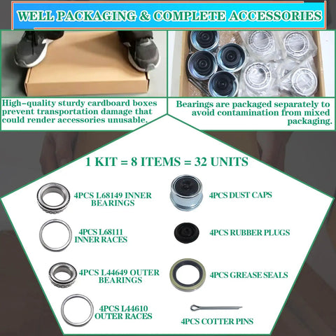 4 Sets 3500 Lb Trailer Bearing Kit For 1-3/8 To 1-1/16 Inch Spindle Boat Trailer Axle EZ-Lube Ready Kit packaging details