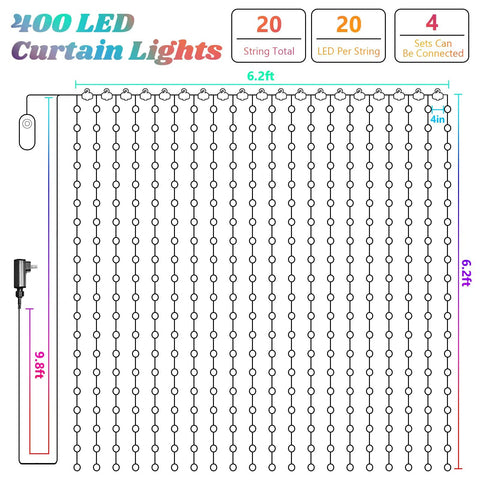 Diagram of Year Round Curtain String Lights With Dope Music Sync, 400 RGB LED Fairy Lights, 6.2ft, showing dimensions and features.