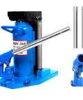 Heavy Duty Hydraulic Toe Jack Featuring 20 Ton Capacity And Rock Solid Steel Construction with a blue finish and metal handle for garage lifting.
