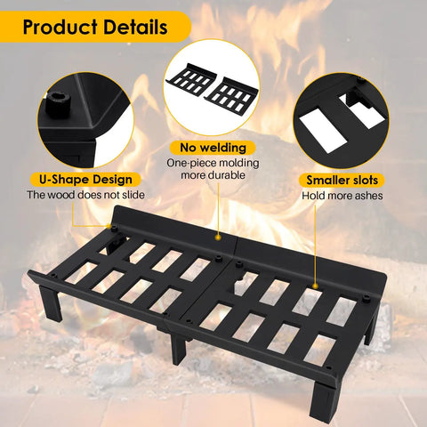 Heavy Duty 20 Inch Fireplace Grate For Wood Stoves And Fireplaces, Wrought Iron Log Holder with U-shape design and smaller slots