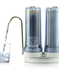 Dual Countertop Water Filter With Carbon And Mineral PH Alkaline System Easy Twist On Faucet Filter reduces metals